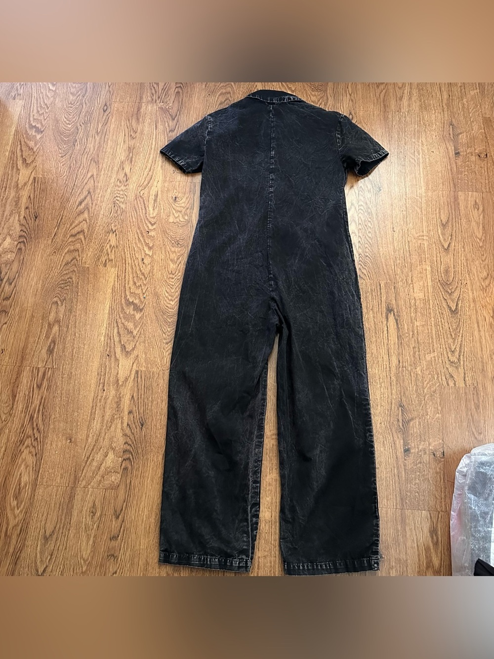 LACAUSA Black washed short sleeve front pockets XS cotton wide leg jumpsuit - Picture 6 of 11